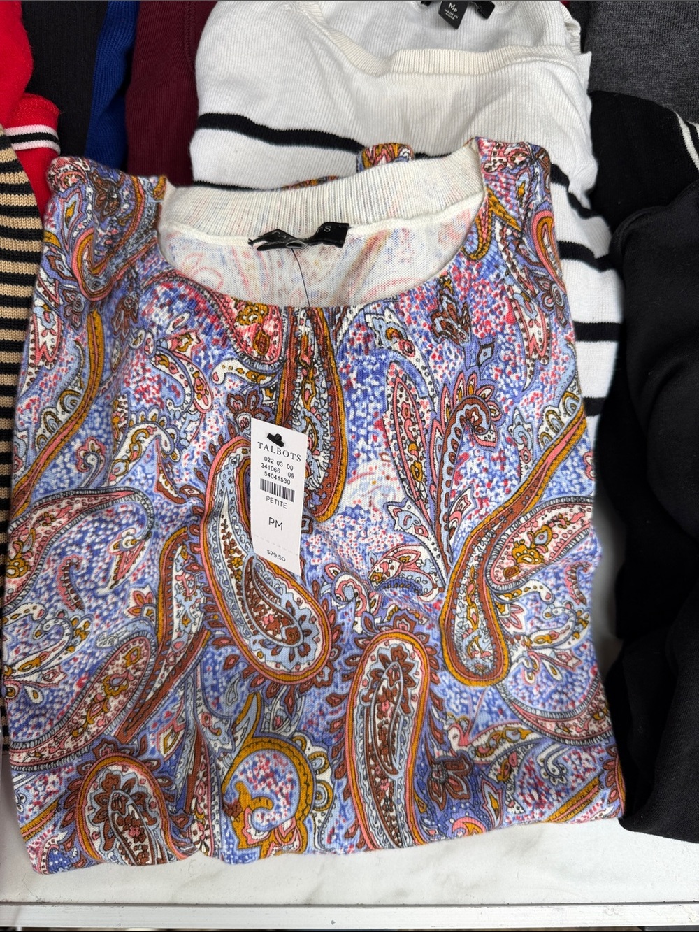 Talbots Petite Paisley Crewneck Top - Multi with Blue & Gold Accents